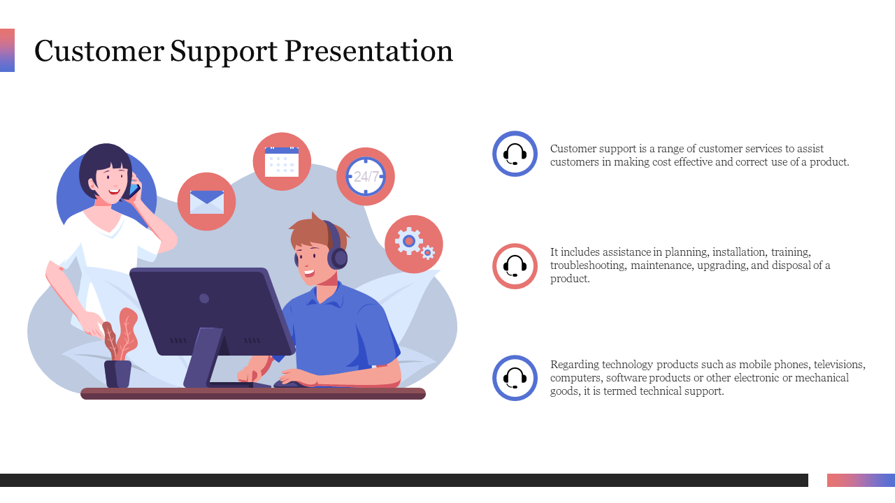 Customer support template featuring an illustrated team, service icons, and text explanations in a clean design.