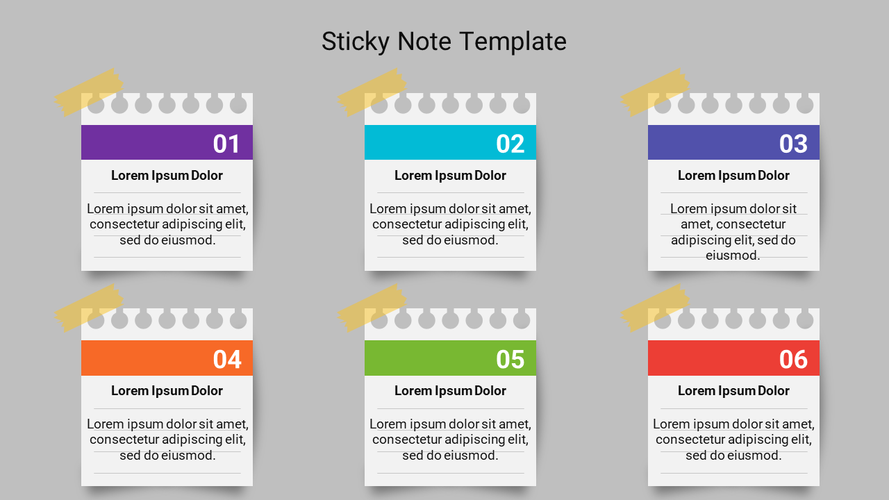 Grid of six sticky notes with colored headers and tape on top, arranged in two rows, with numbers 01 to06.