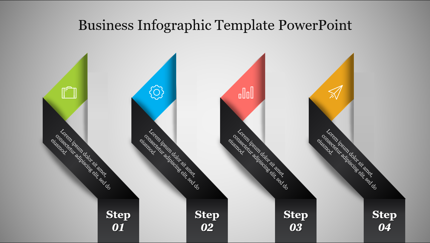 A slide featuring a business infographic template with four steps, each represented by a colored icon and description.