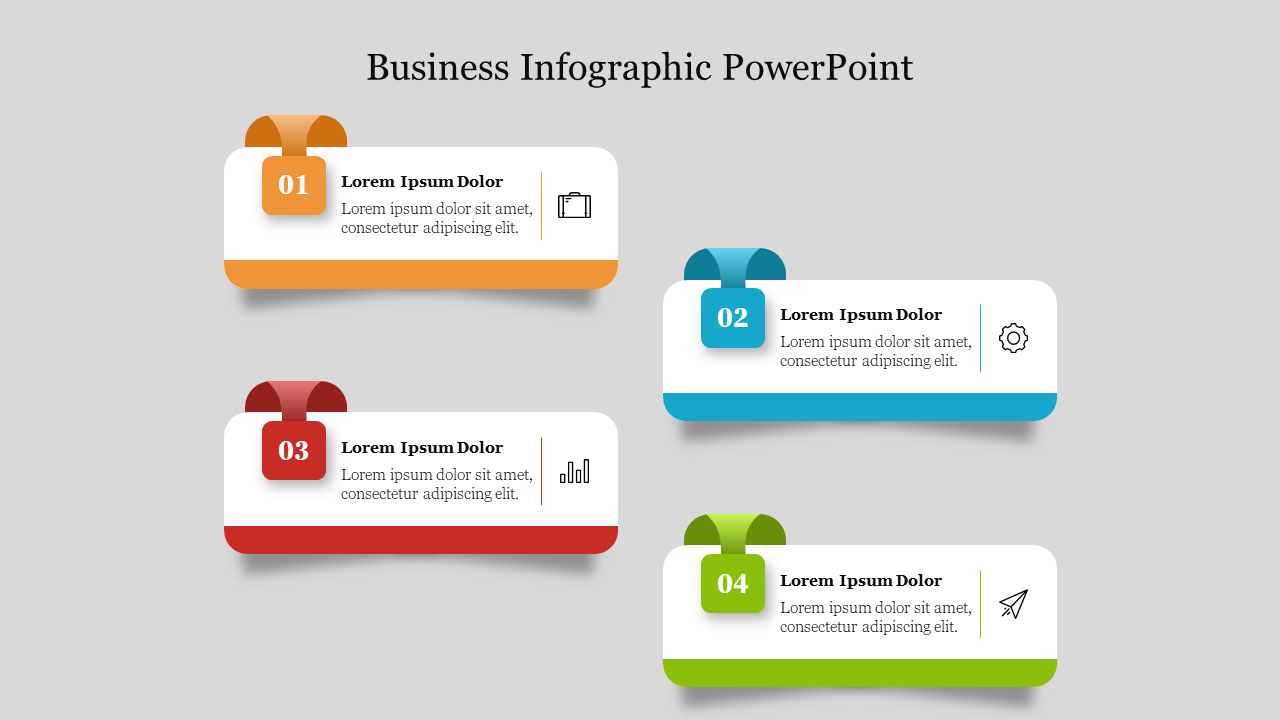 Four horizontal business infographic text boxes with ribbon-style tabs in varying colors, showcasing numbers and icons.