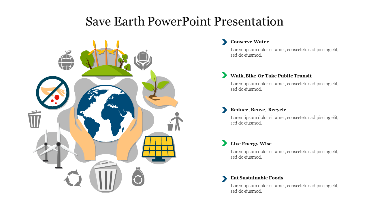 Save earth slide showing hands holding the planet, with icons and placeholder text.