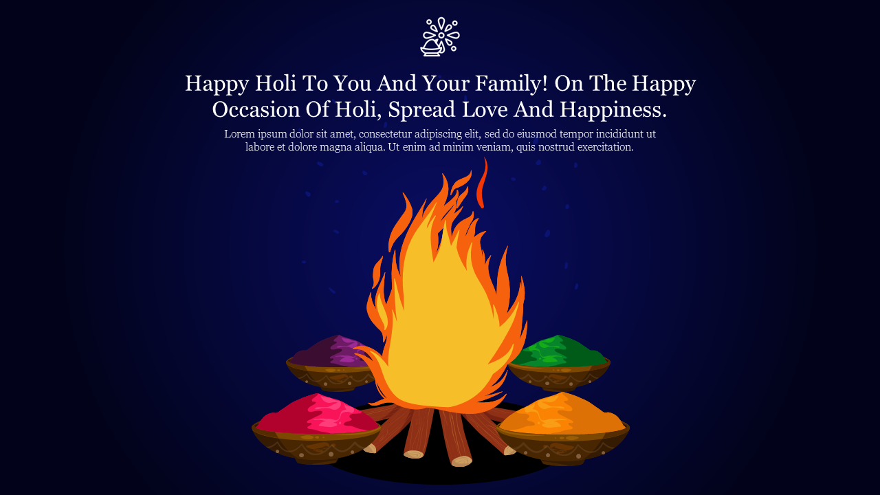 Vibrant holi festival illustration featuring a bonfire surrounded by colorful powders on a dark blue backdrop.