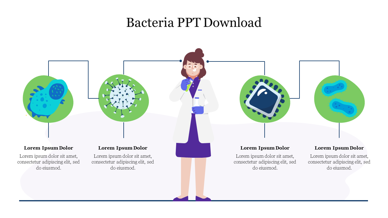 Slide featuring a scientist in the center, with four bacteria illustrations connected by lines with placeholder text.