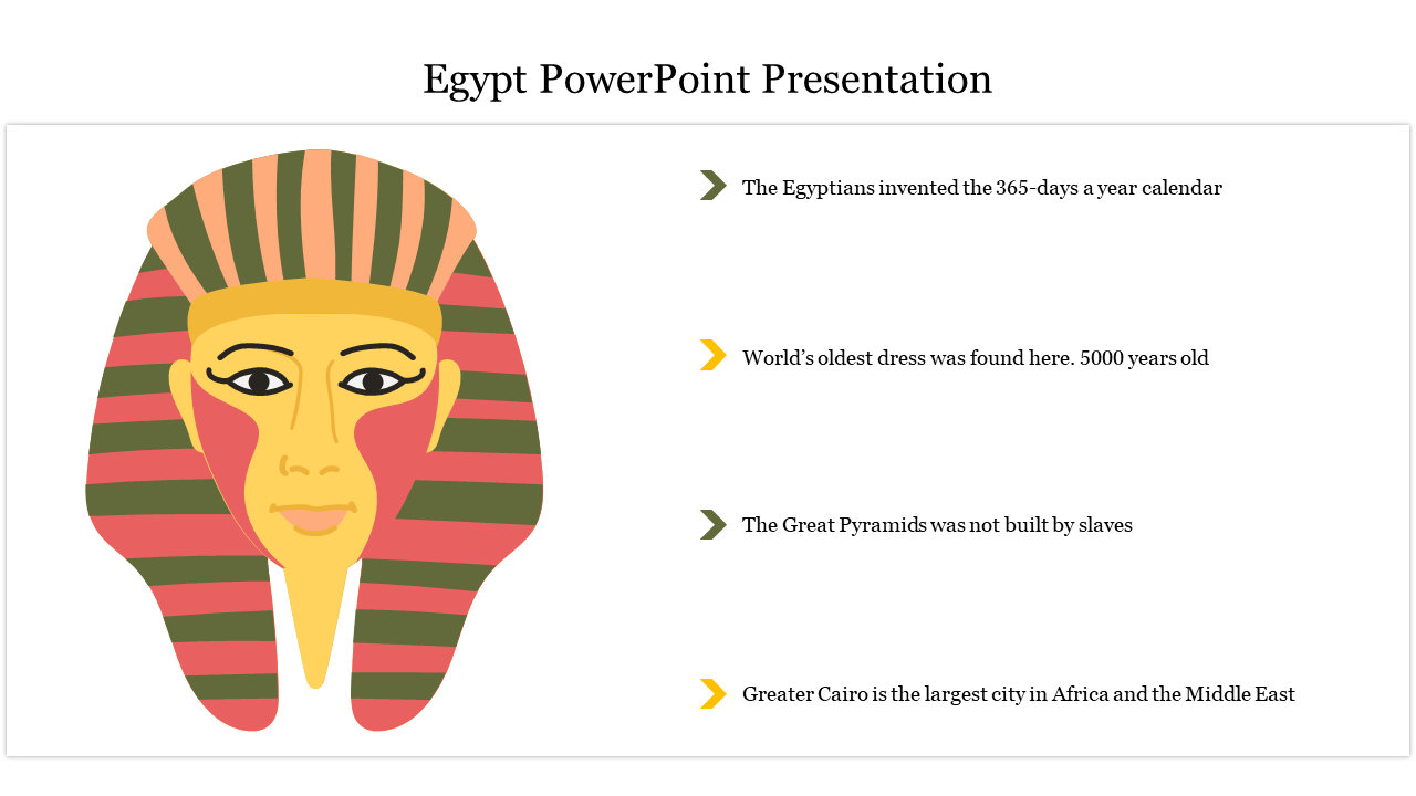 Pharaoh mask illustration on the left with four Egyptian fact points on the right, marked by green and yellow arrows.