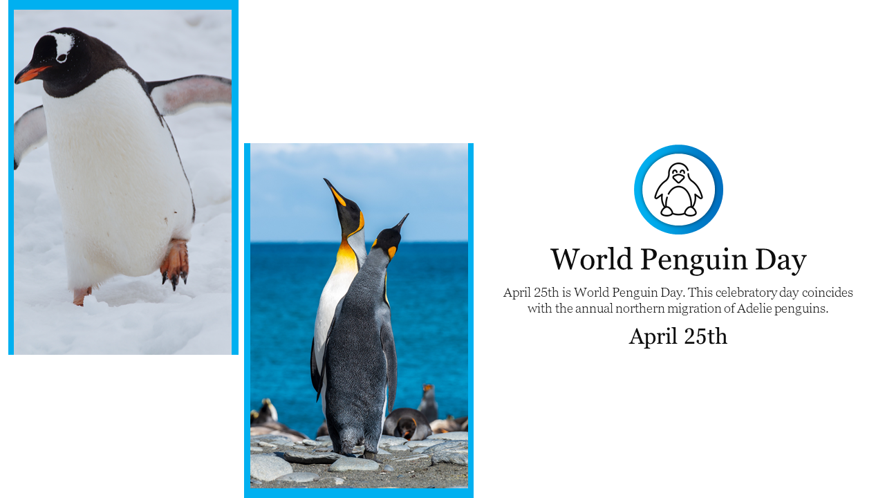 World Penguin Day with two penguin images on the left and informational text on the right, celebrating April 25th.