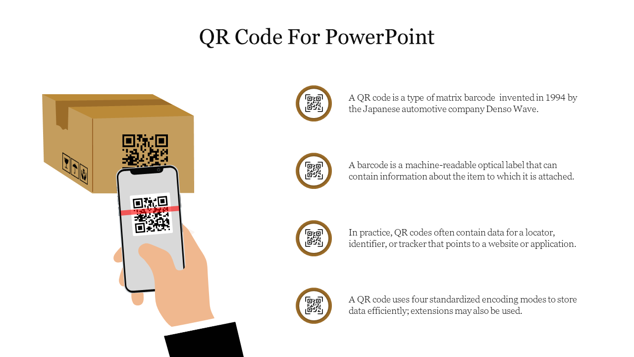 A hand holds a phone scanning a QR code on a brown box, with text and icons listed on the right side.