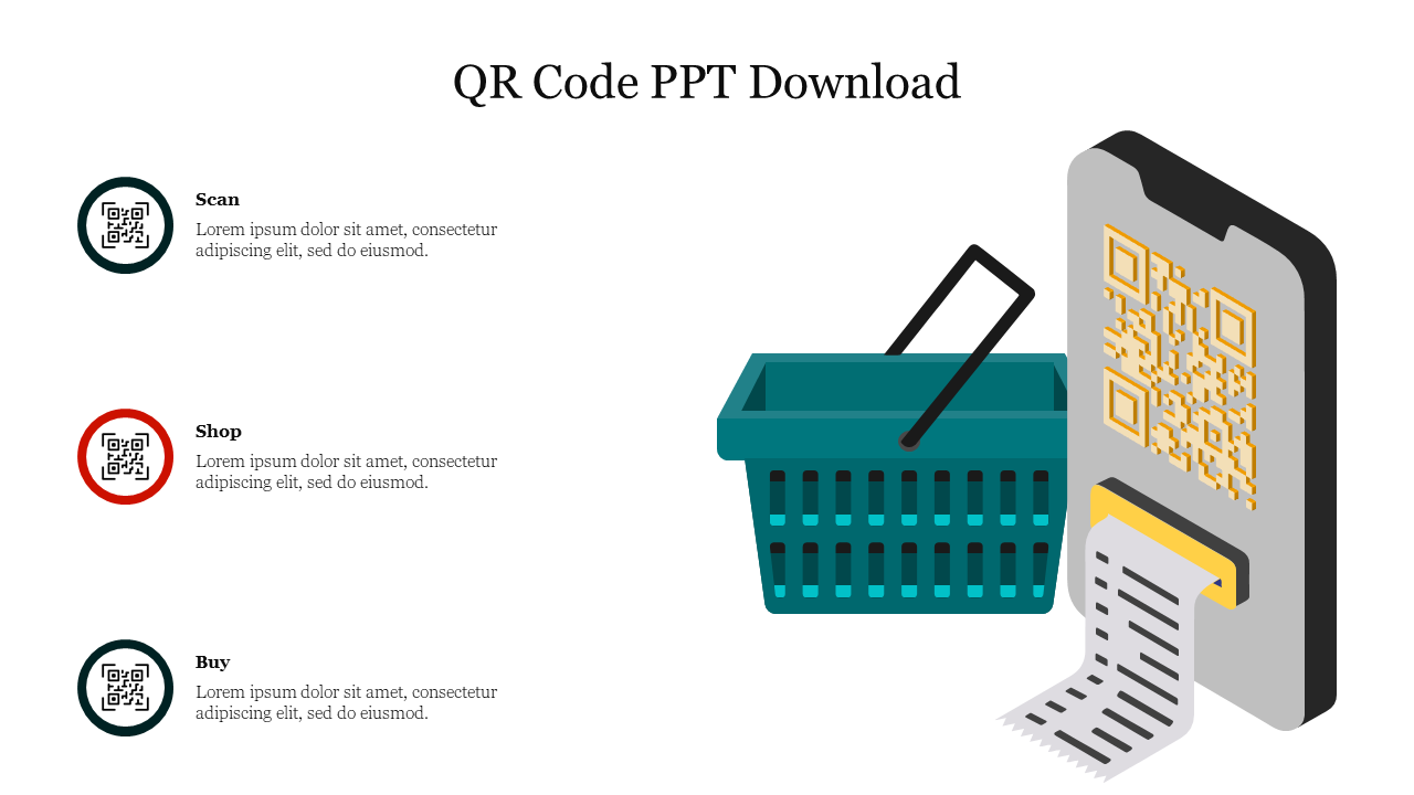 A smartphone displaying a QR code, a shopping basket, and a receipt, with three circular icons on the left.