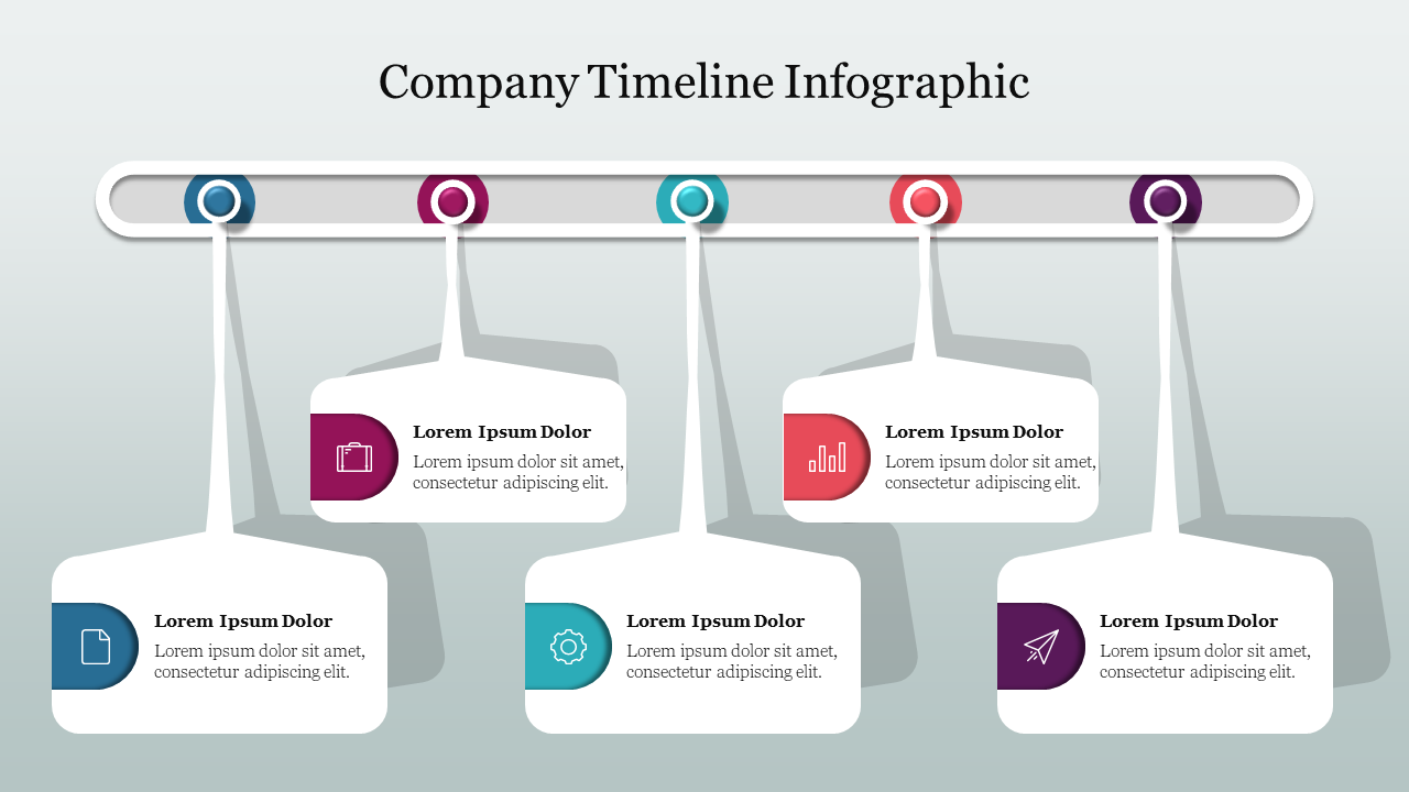 Company timeline infographic with a horizontal line, hanging text boxes connected by colorful circular markers.