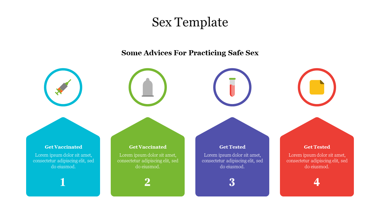 Sex template featuring four colored advice boxes for practicing safe sex, including vaccination and testing with icons.