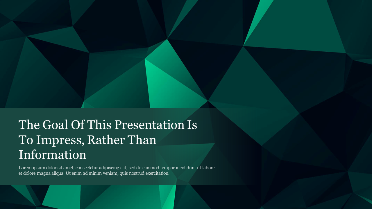 A slide with a stylish gradient green and black geometric polygonal design background with a title text and caption area.