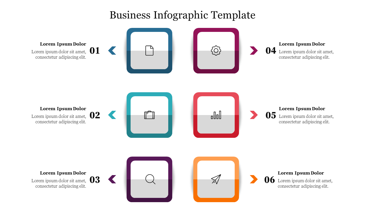 Business infographic slide with six sections, each containing an icon and placeholder text, arranged in two rows with arrows.