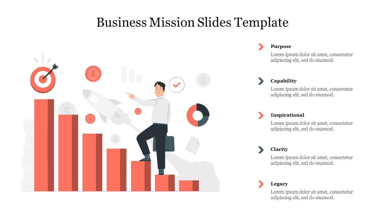 Business mission slide featuring a man climbing orange bar graphs, a target with an arrow, and five captions on the right.