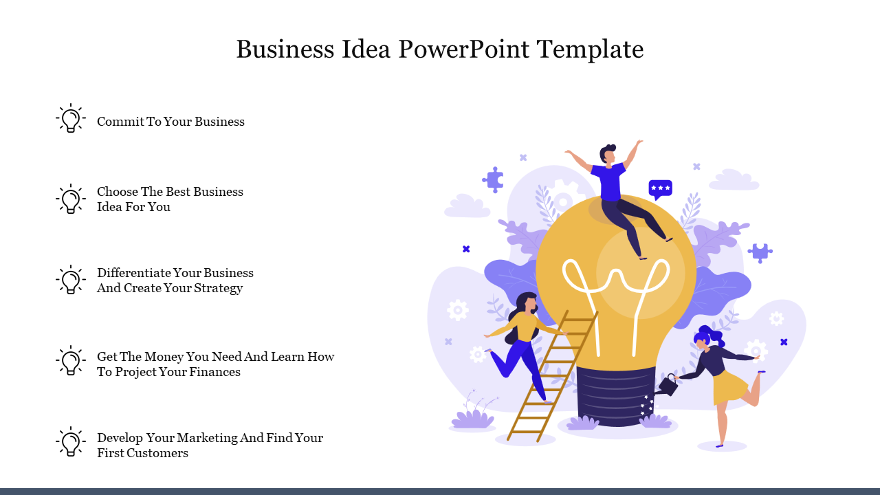 Business idea PowerPoint template with key steps to succeed on a white backdrop with illustrations.