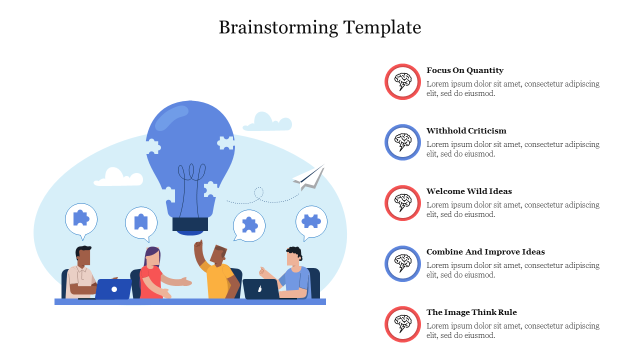 Brainstorming slide showing people at a table under a large blue light bulb, with five rules displayed on the right.