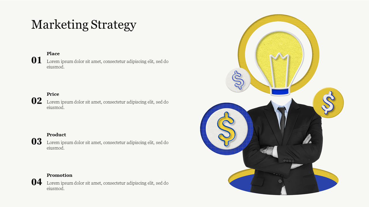 PowerPoint slide featuring four key elements of a marketing strategy with colorful icons and text placeholders.