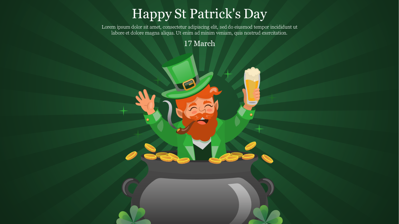 St. Patrick's Day themed slide with a cheerful leprechaun holding a beer, surrounded by gold coins spilling from a pot.