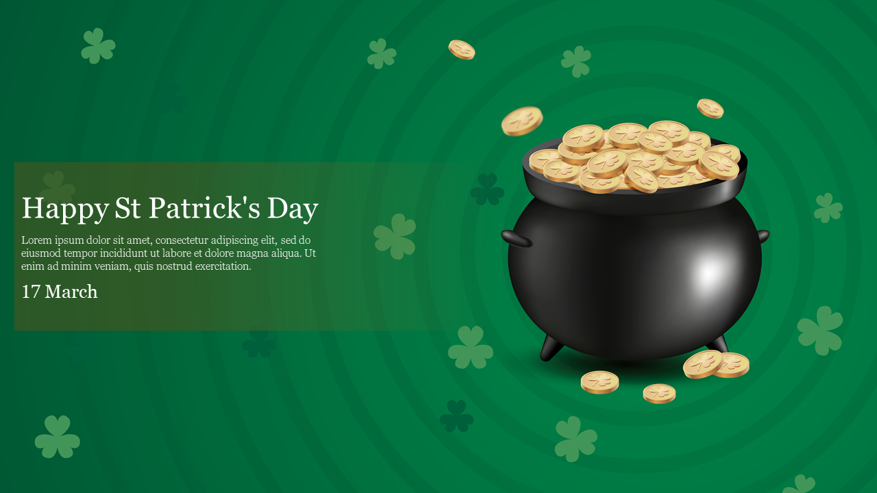 A St. Patrick's day PPT slide featuring a pot of gold and clover background with a festive greeting on a green backdrop.