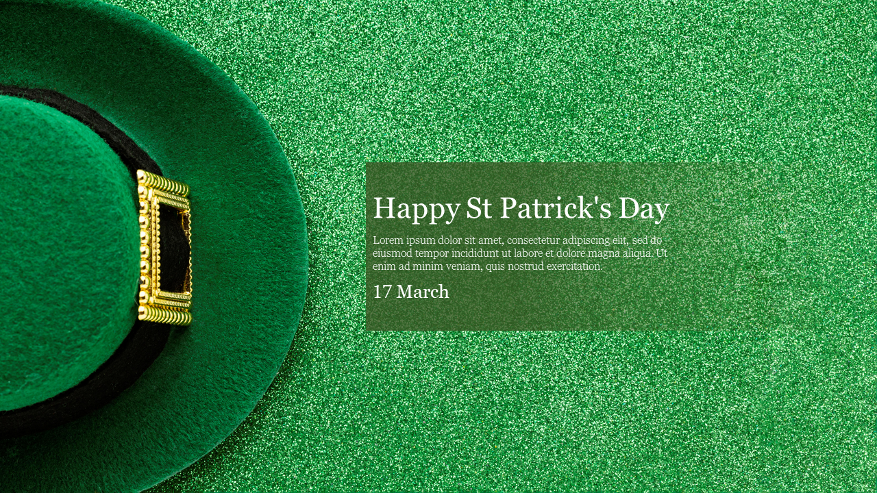 St. Patrick's Day slide featuring a green leprechaun hat with a gold buckle on a sparkling green background.