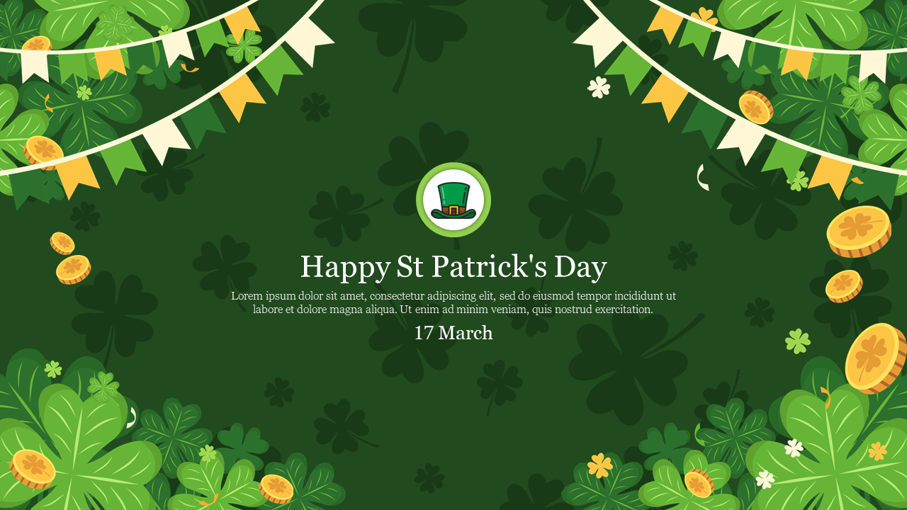 St. Patrick’s Day-themed background featuring green clovers, gold coins, and festive banners, with a  message and a hat icon.