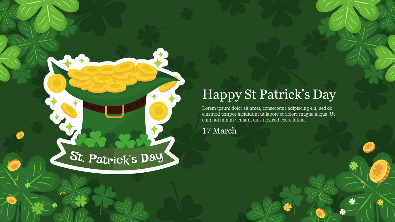 Illustration of green hat and gold coins, surrounded by clovers, with St. Patrick’s day message on green background.