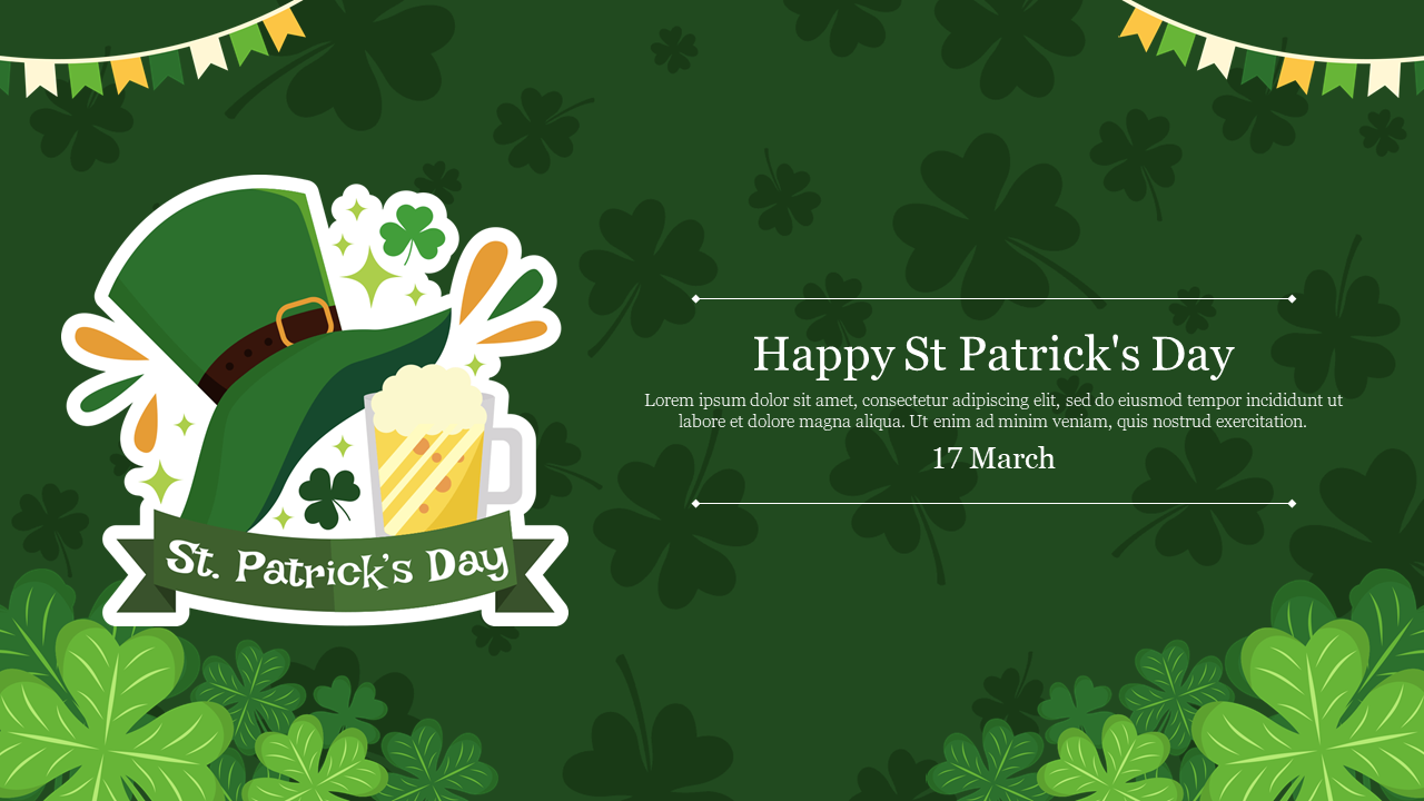 St. Patrick's Day PowerPoint slide featuring a green hat, a beer mug, shamrocks, and decorative banners.