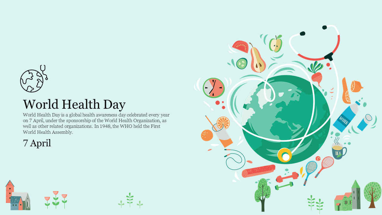 Earth illustration with surrounding health related icons, alongside World health day dated on April 7, on a pale background.