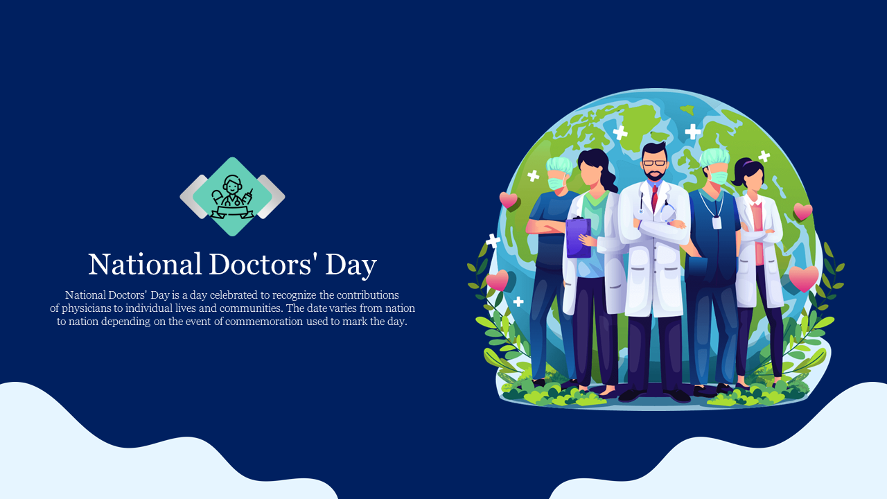 National doctor's day slide with a group of doctors standing in front of a globe and text on the left.