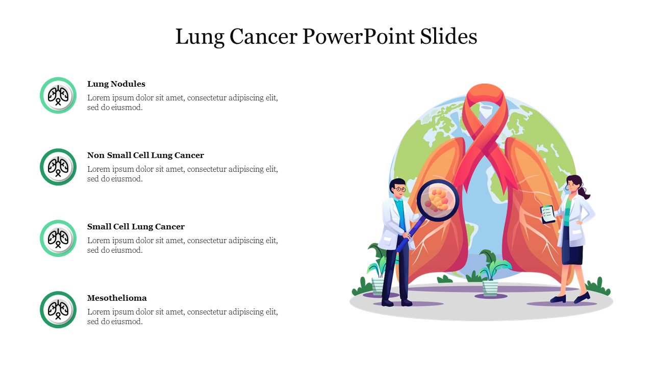 Illustration of doctors inspecting lungs with a magnified view, text highlights different lung cancer types.