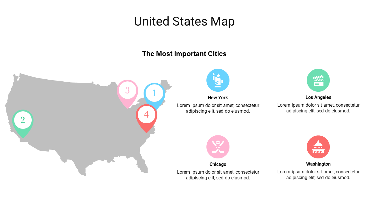 A United states map highlighting major cities like new york, los angeles, chicago, and washington with icons and text.