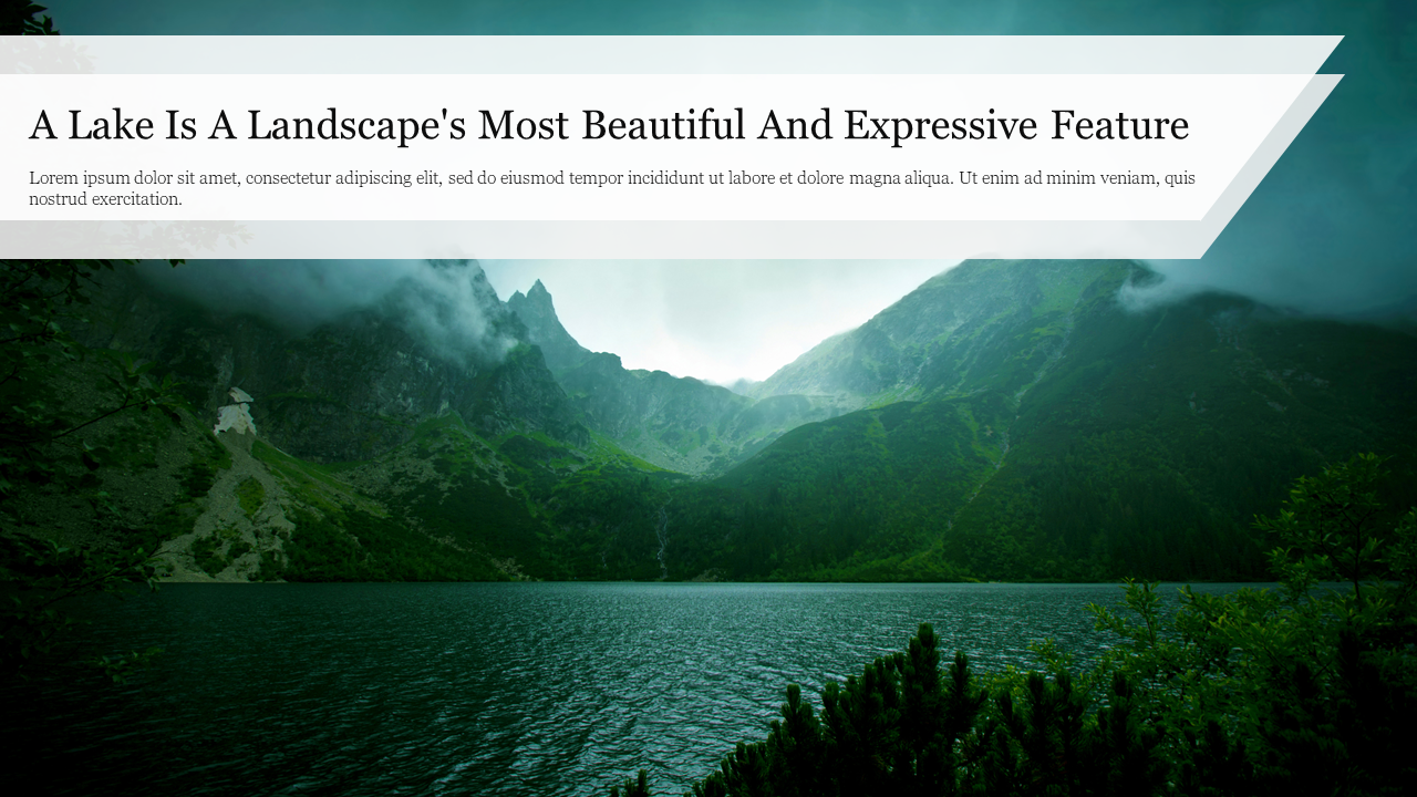 Scenic lake surrounded by lush green mountains with a white banner placeholder for text at the top.