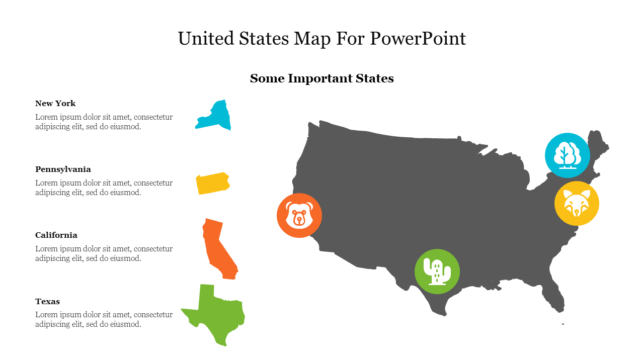 United States map slide with highlighted states New York, Pennsylvania, California, and Texas, featuring colorful icons.