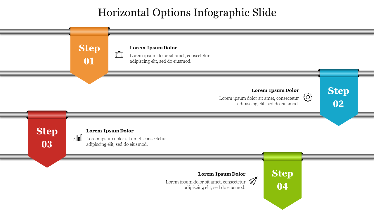 Infographic PPT slide with horizontal steps labeled 1 to 4, each with corresponding icons and text placeholders.