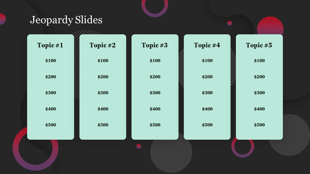 Jeopardy style template featuring five aqua columns with headers and numerical rows, on a dark circular patterned background.