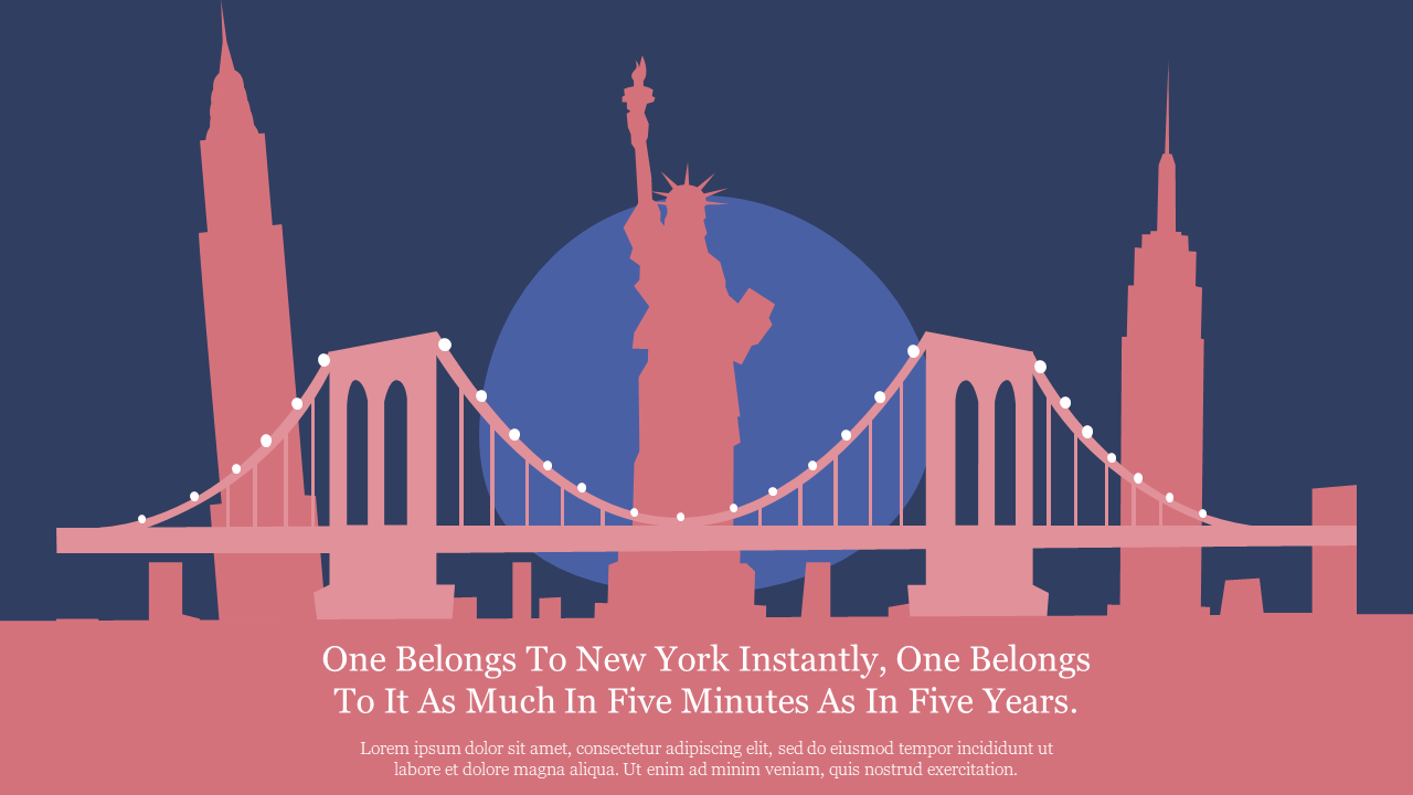 Illustration of New York’s skyline with the Statue of Liberty and a bridge on a dark blue background with a quote.