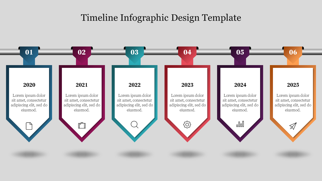 Six colored arrow shape banners, each with a year from 2020 to 2025, hanging from a horizontal line.