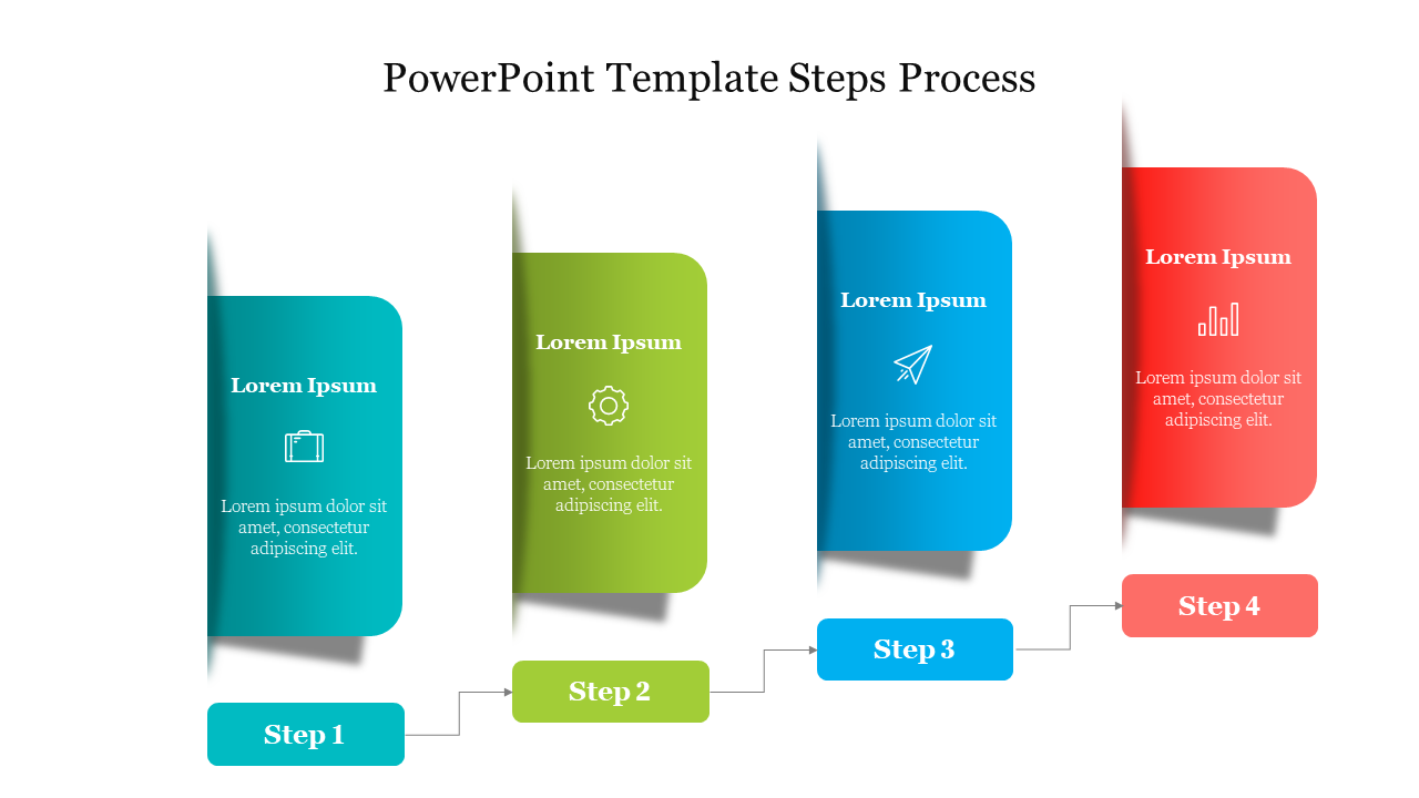 Four-step process diagram with color-coded blocks, each step labeled from 1 to 4 with placeholder text and icons.