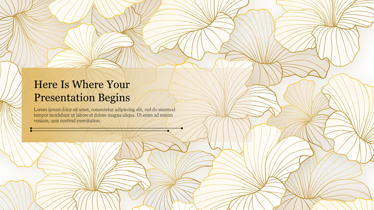 A slide with floral theme background with gold flower outlines and a gradient text box with a title and caption to the left.