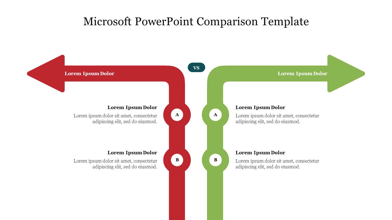 Visual slide for comparing two concepts with red and green arrows with placeholder text.