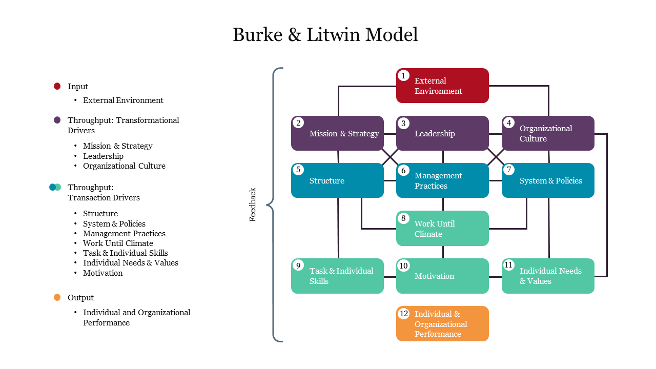 Diagram of the Burke and Litwin model showing input, throughput, and output relationships.