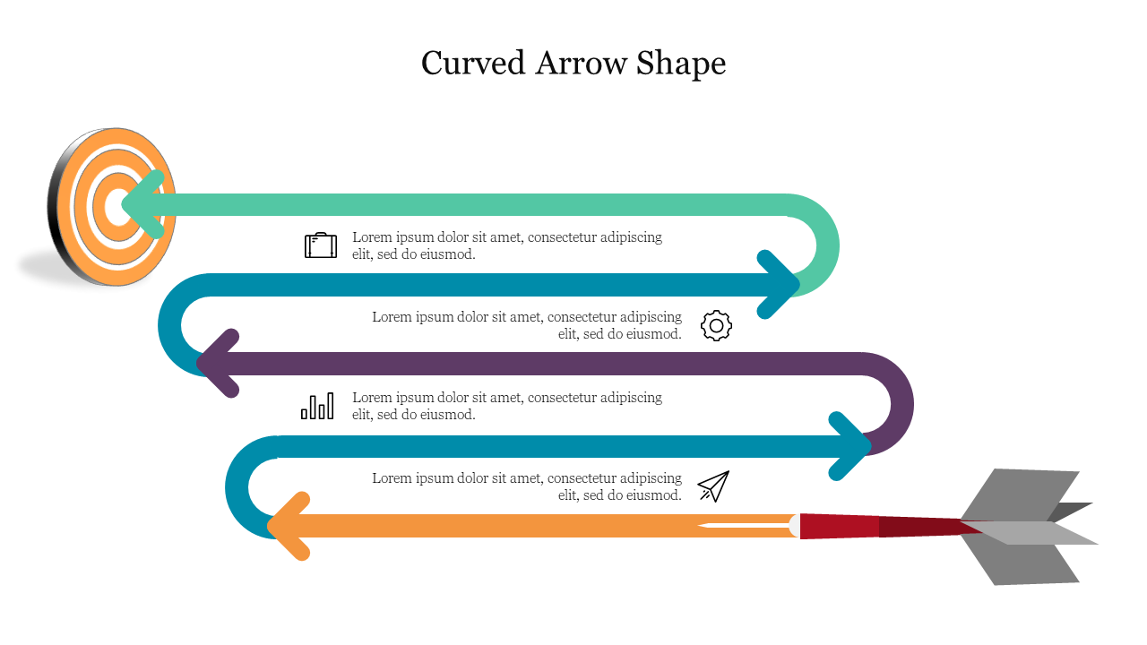 Four curved arrows in teal, blue, purple, and orange, flowing from a target on the left to red arrowhead on the right.