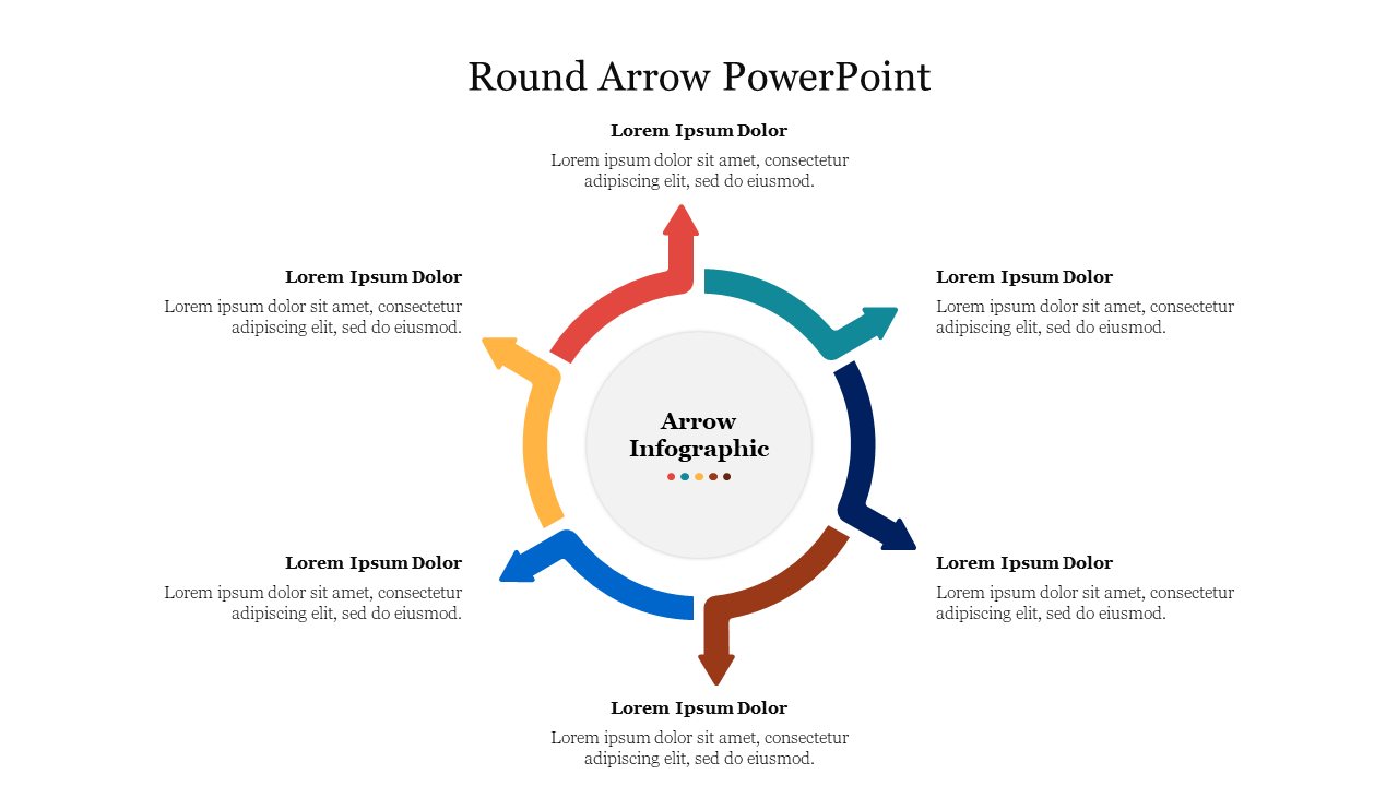 PowerPoint slide with a round arrow infographic, featuring six arrows in different colors pointing in a circular motion.