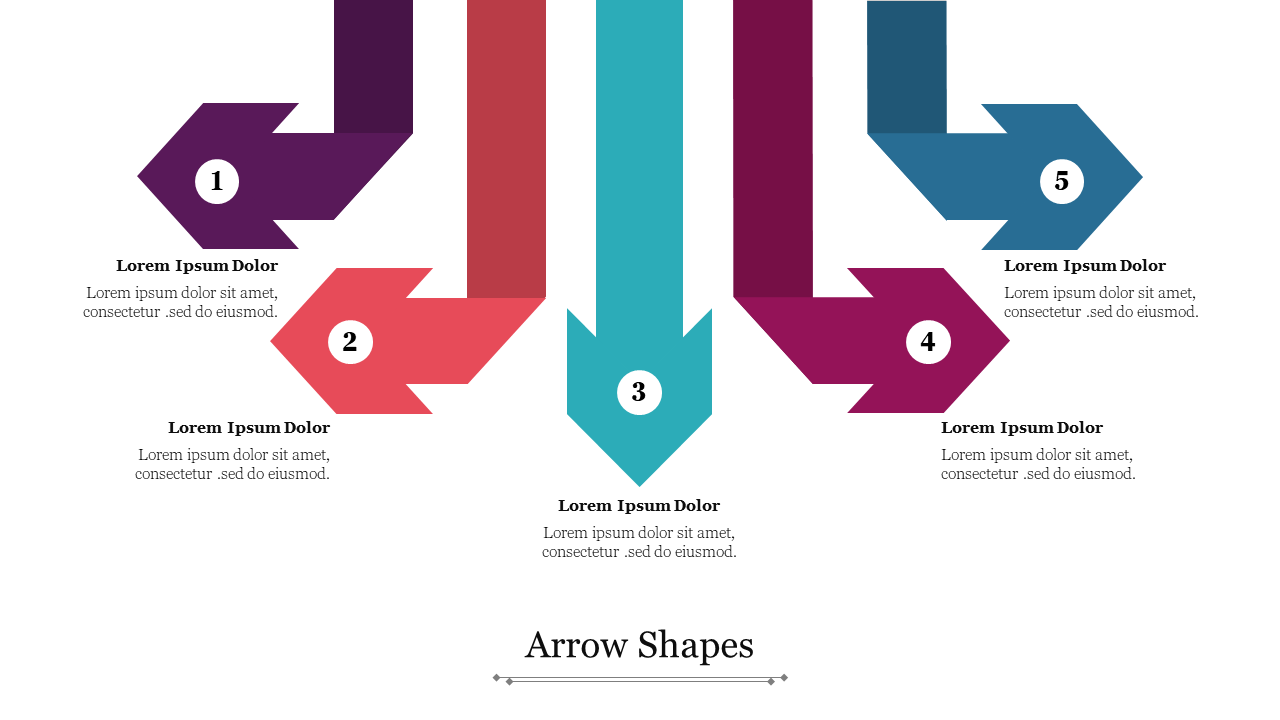 Colorful arrow shapes numbered 1 to 5 pointing in different directions, with placeholder text underneath each arrow.