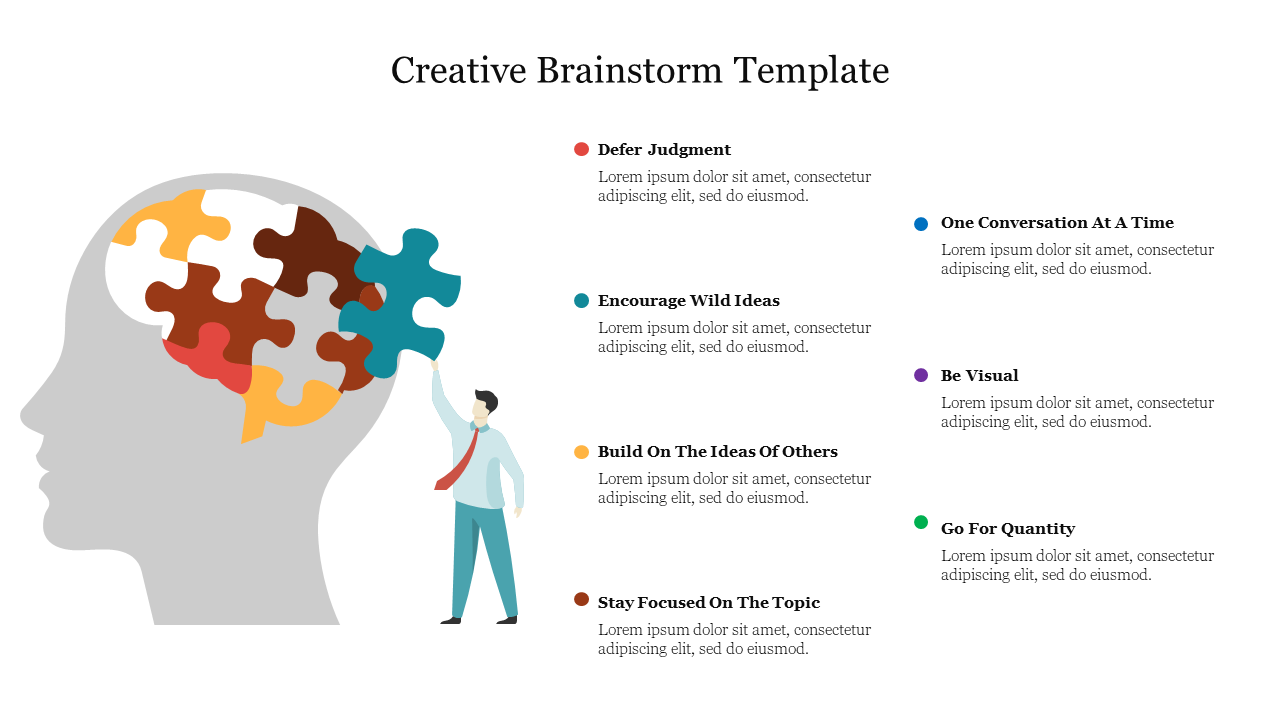 Creative brainstorm infographic slide with a person placing colorful puzzle pieces on a head outline and various tips.