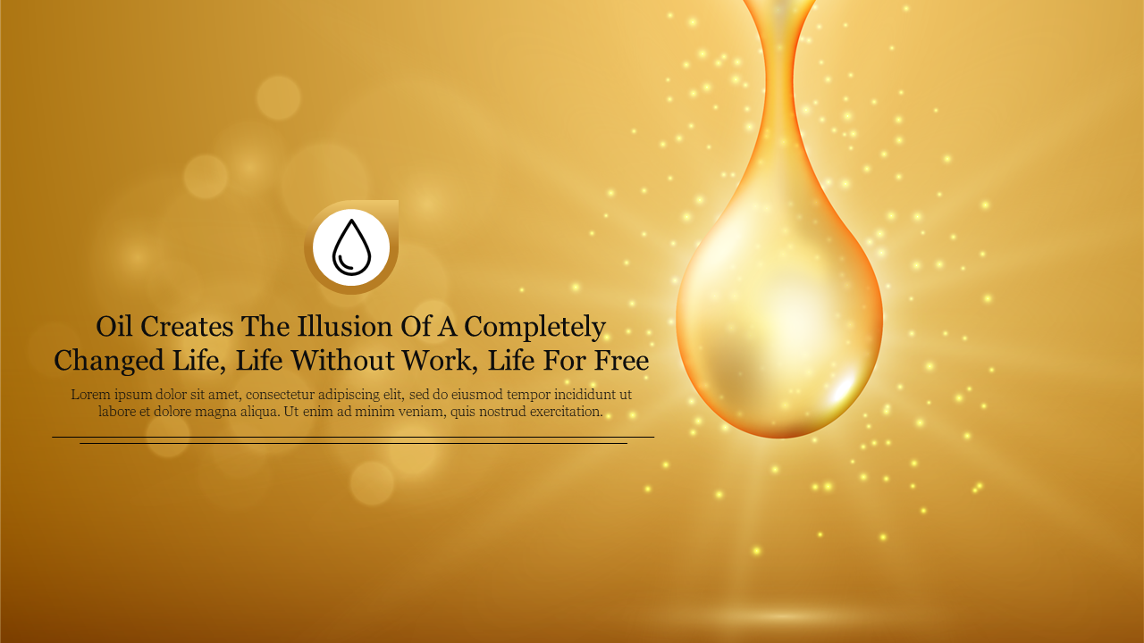 A glowing golden oil drop against a sparkling gold background, with a text block and icon on the left.