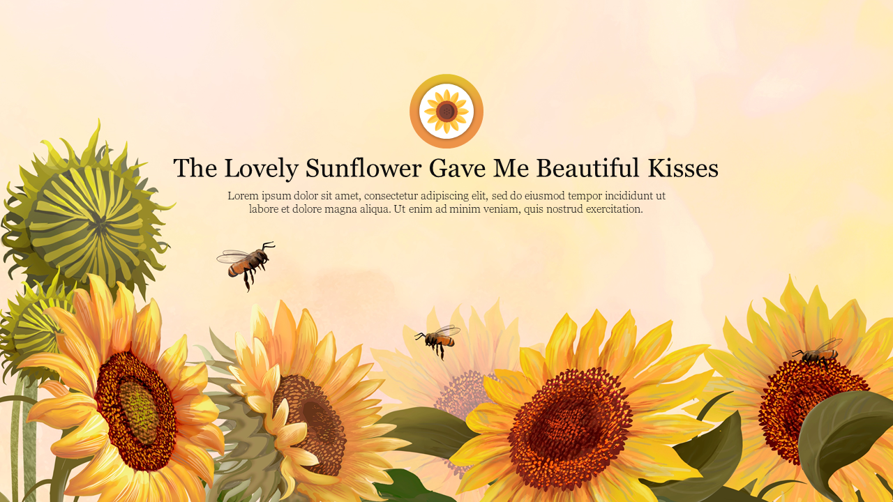 Sunflowers and bees illustration with a warm, light background and centered text above, creating a natural, cheerful feel.