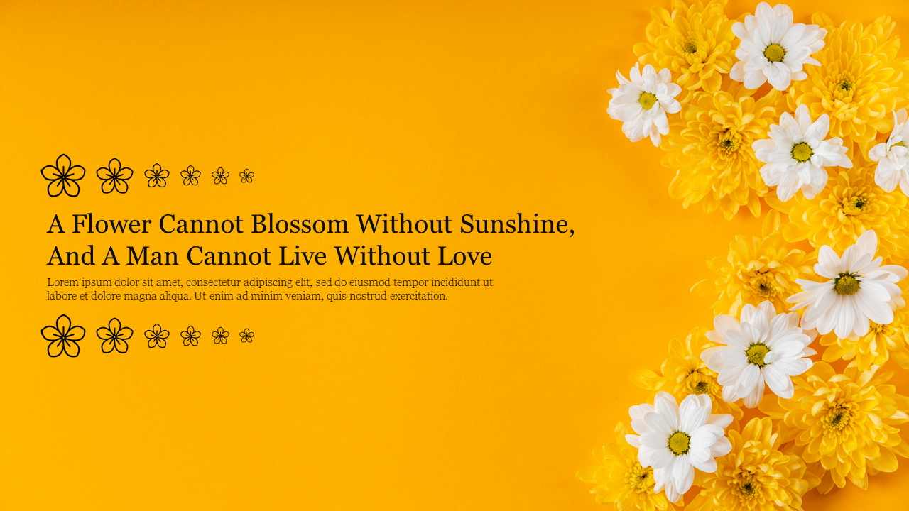 Yellow and white flowers arranged on a vibrant yellow background, with decorative floral icons and text on the left.