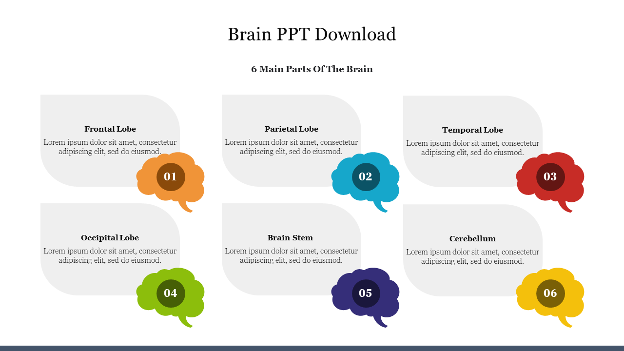 Six brain shaped icons in different colors, numbered 01 to 06, with text boxes next to each, aligned in two rows.