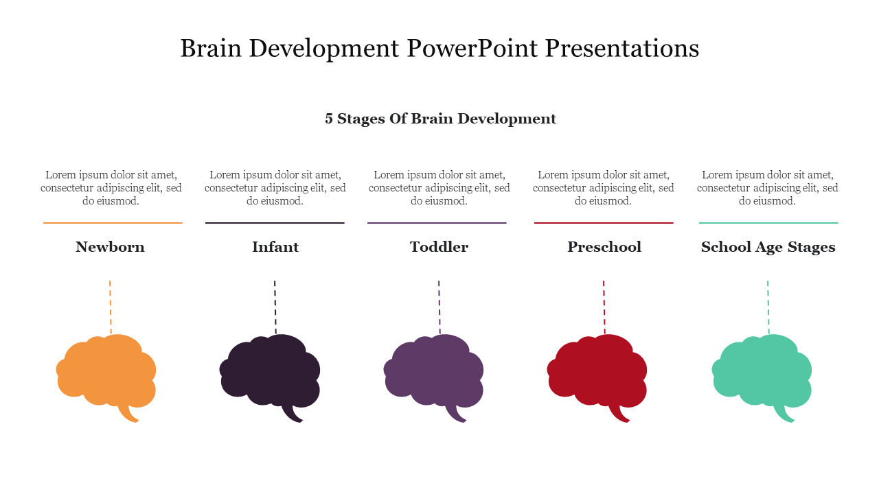 Five brain icons in orange, black, purple, red, and green, representing development stages.