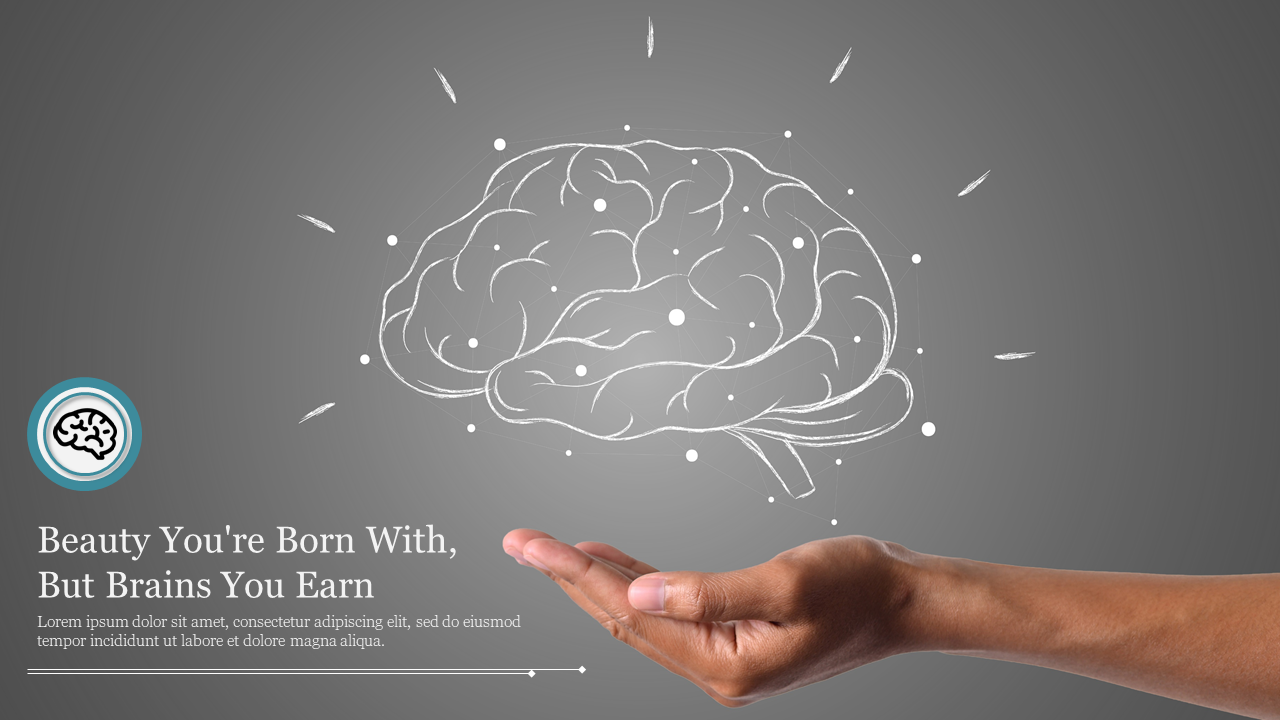 Illustration of a hand holding a glowing brain sketch, with text on the left, set on a gray background.