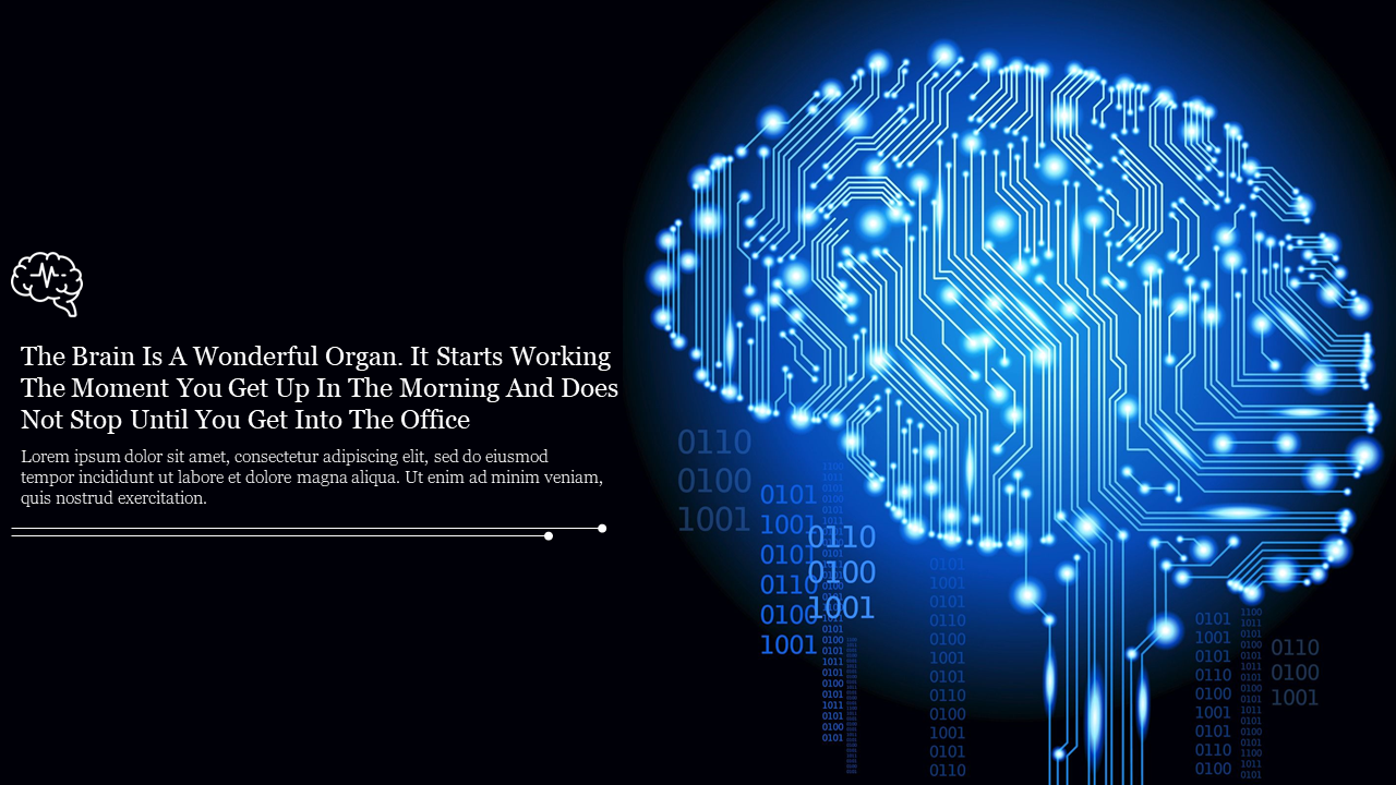 Digital brain illustration in bright blue circuitry with text area on the left, with a black background.